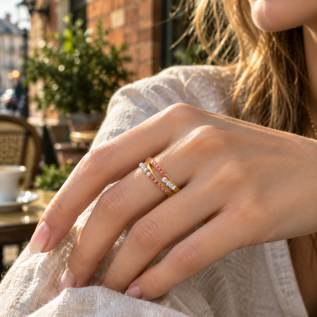 18K Gold Plated Double Band Pearl Ring, Pink & Clear CZ Inlaid Twist Stackable Ring, Elegant Freshwater Pearl Statement Ring for Women
