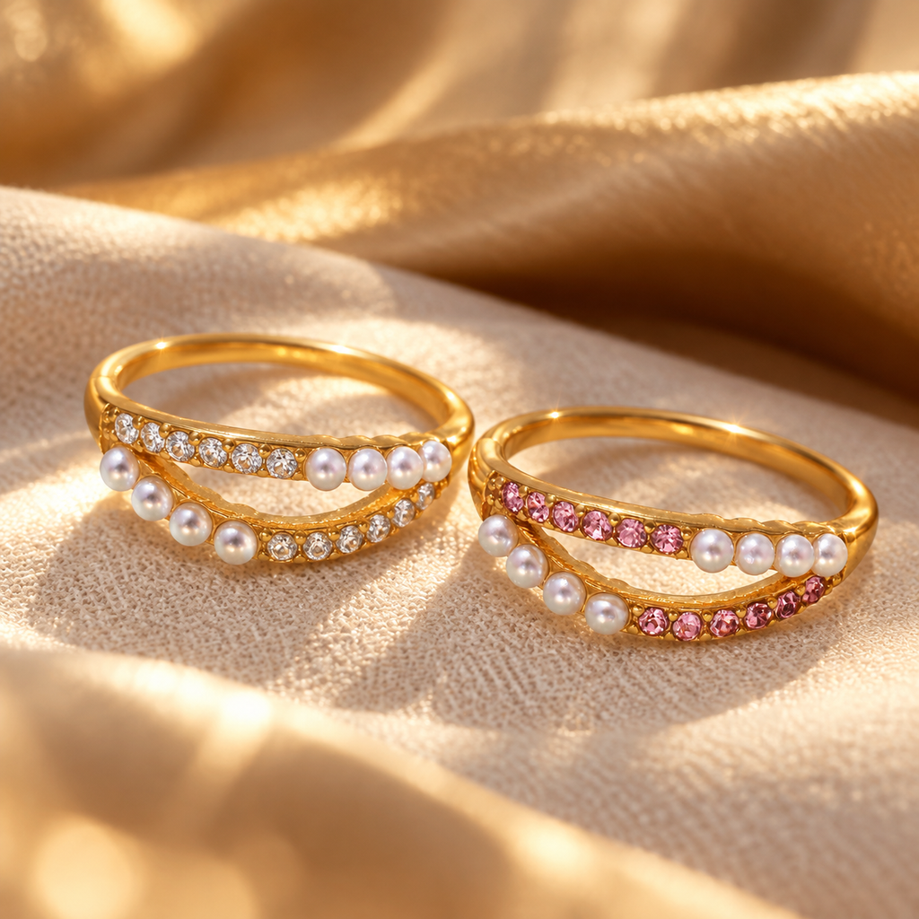 18K Gold Plated Double Band Pearl Ring, Pink & Clear CZ Inlaid Twist Stackable Ring, Elegant Freshwater Pearl Statement Ring for Women