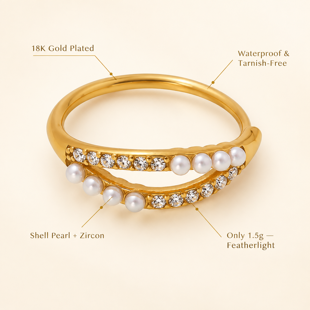 18K Gold Plated Double Band Pearl Ring, Pink & Clear CZ Inlaid Twist Stackable Ring, Elegant Freshwater Pearl Statement Ring for Women