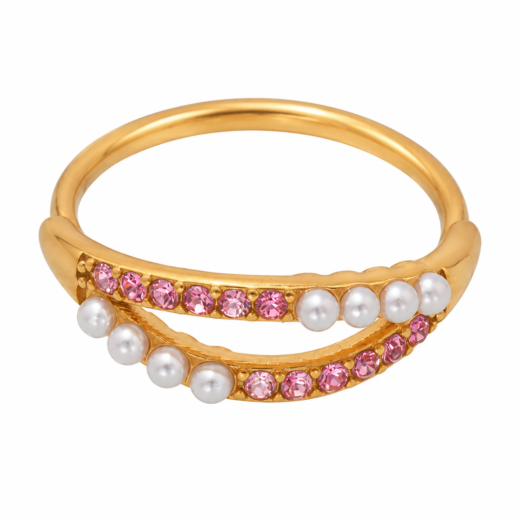 18K Gold Plated Double Band Pearl Ring, Pink & Clear CZ Inlaid Twist Stackable Ring, Elegant Freshwater Pearl Statement Ring for Women
