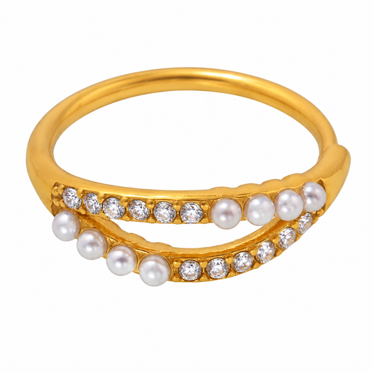 18K Gold Plated Double Band Pearl Ring, Pink & Clear CZ Inlaid Twist Stackable Ring, Elegant Freshwater Pearl Statement Ring for Women