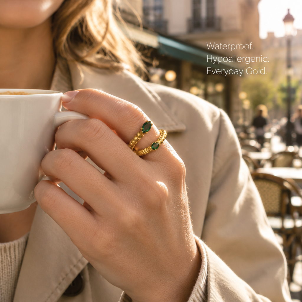18K Gold Plated Twisted Open Cuff Ring, Marquise Cut Red & Green CZ Double Stone Adjustable Statement Ring for Women