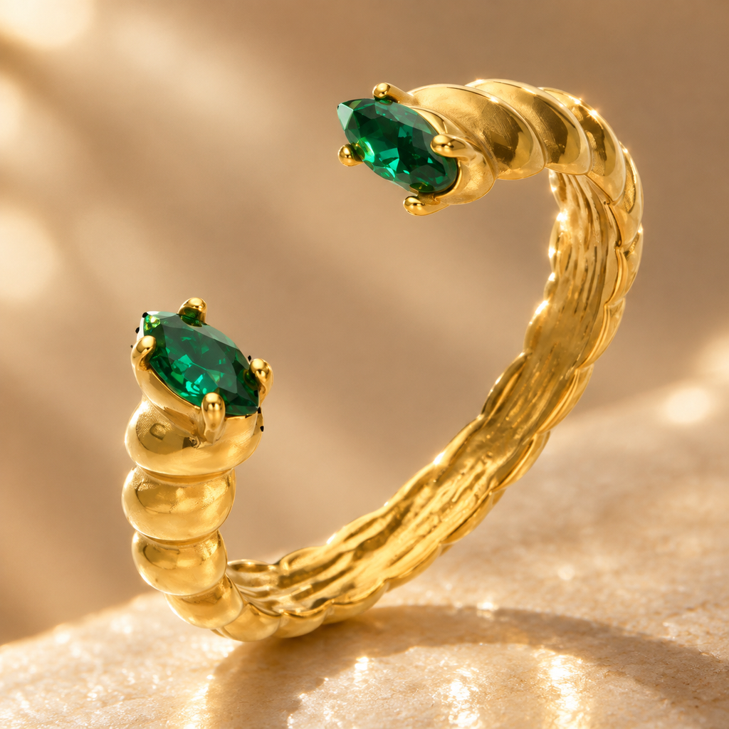 18K Gold Plated Twisted Open Cuff Ring, Marquise Cut Red & Green CZ Double Stone Adjustable Statement Ring for Women