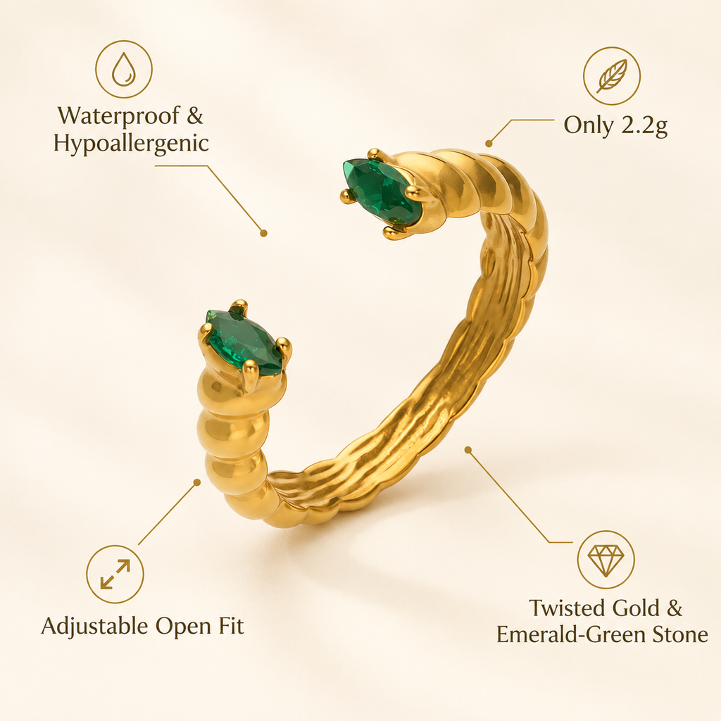 18K Gold Plated Twisted Open Cuff Ring, Marquise Cut Red & Green CZ Double Stone Adjustable Statement Ring for Women