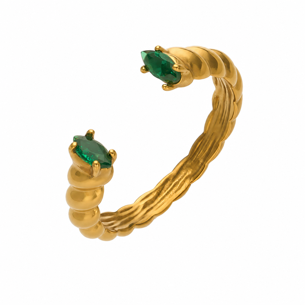18K Gold Plated Twisted Open Cuff Ring, Marquise Cut Red & Green CZ Double Stone Adjustable Statement Ring for Women