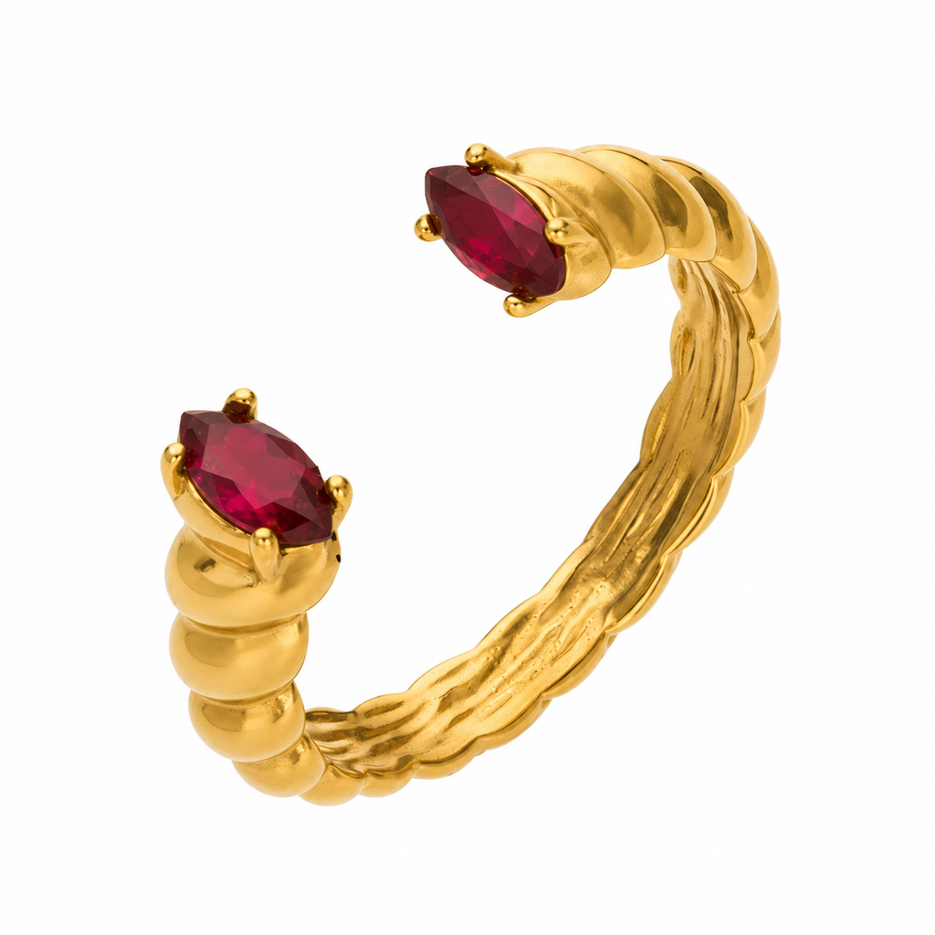 18K Gold Plated Twisted Open Cuff Ring, Marquise Cut Red & Green CZ Double Stone Adjustable Statement Ring for Women