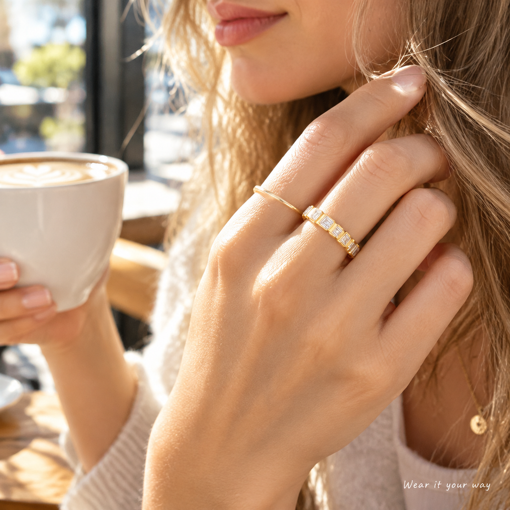 18K Gold Plated Baguette CZ Eternity Ring, Rectangle Cut Cubic Zirconia Stackable Band Ring for Women