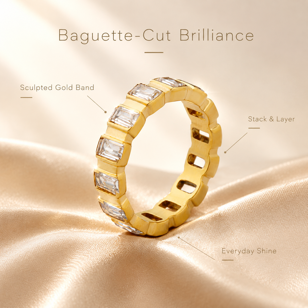 18K Gold Plated Baguette CZ Eternity Ring, Rectangle Cut Cubic Zirconia Stackable Band Ring for Women