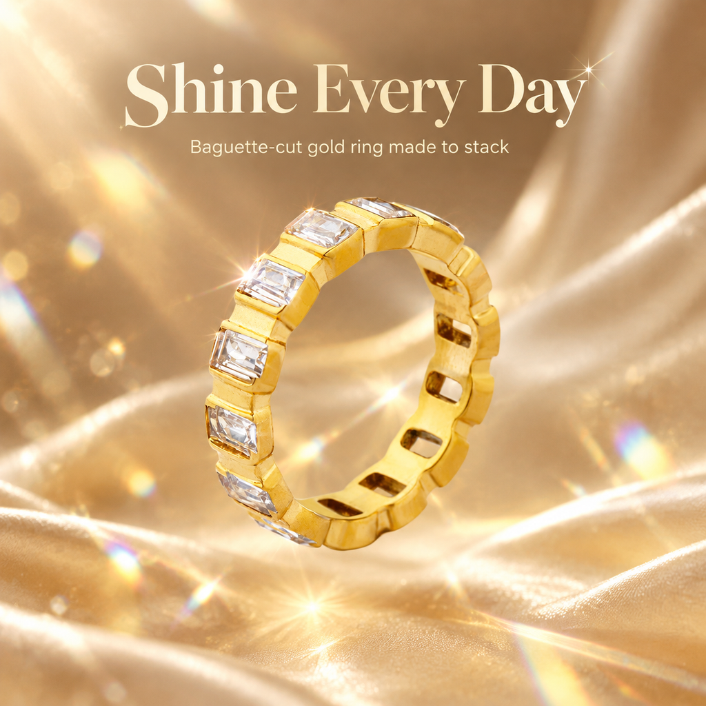 18K Gold Plated Baguette CZ Eternity Ring, Rectangle Cut Cubic Zirconia Stackable Band Ring for Women