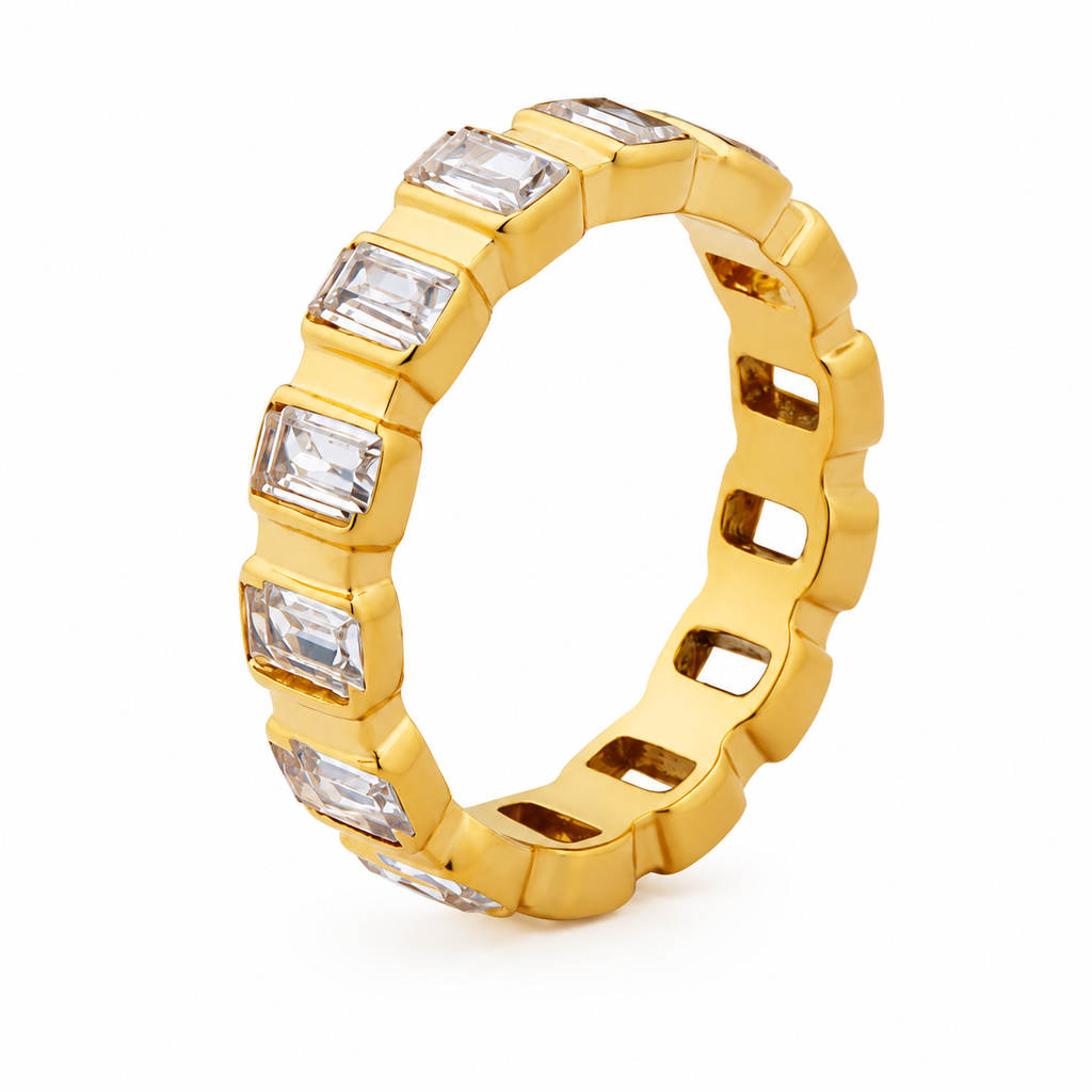 18K Gold Plated Baguette CZ Eternity Ring, Rectangle Cut Cubic Zirconia Stackable Band Ring for Women
