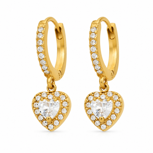 18K Gold Plated CZ Huggie Drop Earrings, Round & Heart Cubic Zirconia Dangle Hoop Earrings, Hypoallergenic Stainless Steel Earrings for Women
