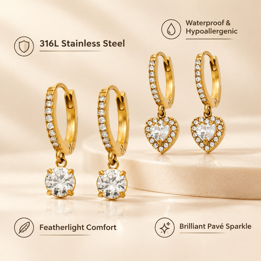 18K Gold Plated CZ Huggie Drop Earrings, Round & Heart Cubic Zirconia Dangle Hoop Earrings, Hypoallergenic Stainless Steel Earrings for Women