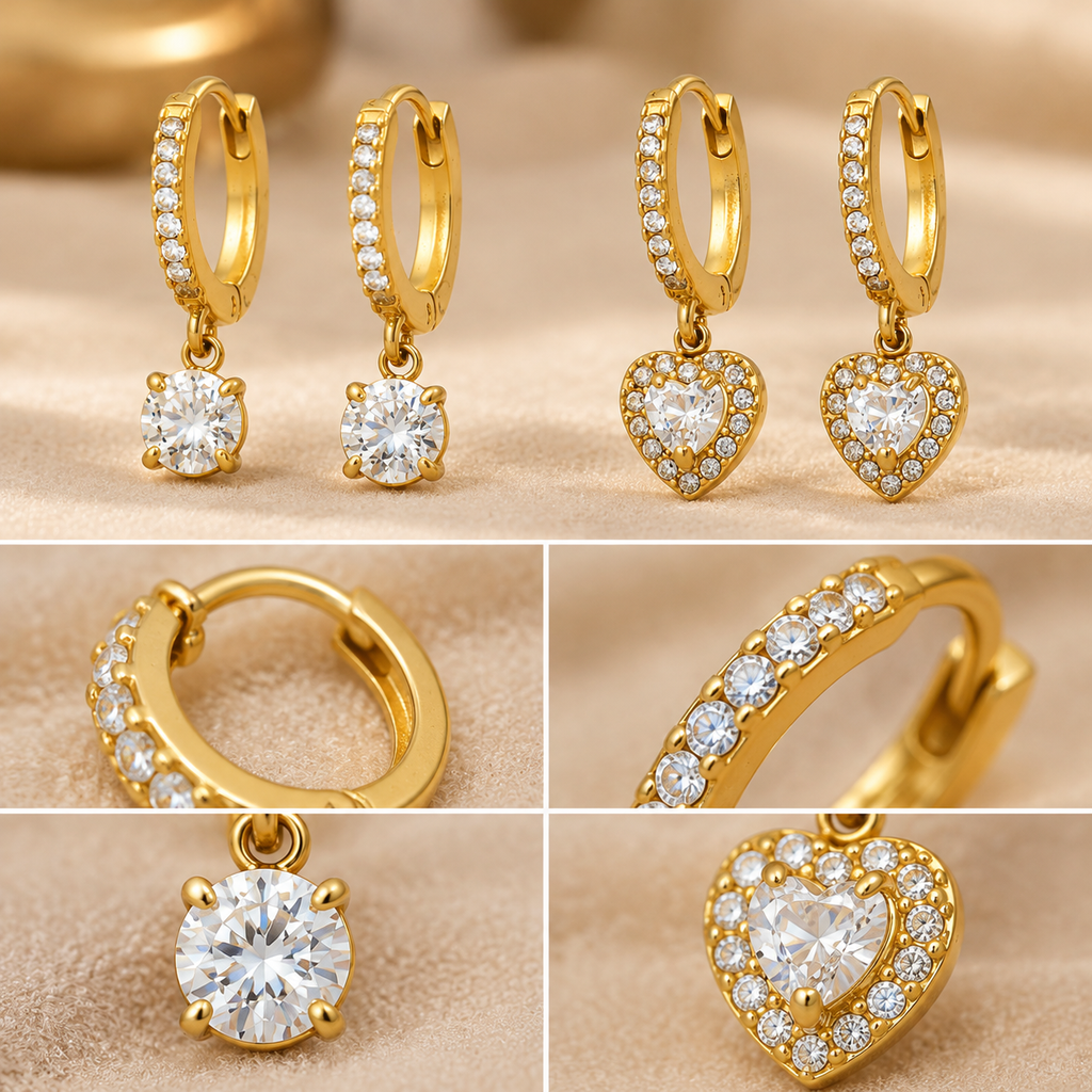 18K Gold Plated CZ Huggie Drop Earrings, Round & Heart Cubic Zirconia Dangle Hoop Earrings, Hypoallergenic Stainless Steel Earrings for Women