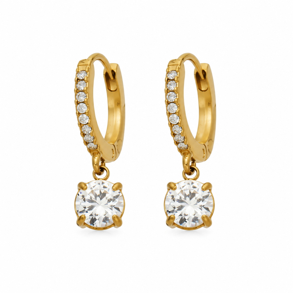 18K Gold Plated CZ Huggie Drop Earrings, Round & Heart Cubic Zirconia Dangle Hoop Earrings, Hypoallergenic Stainless Steel Earrings for Women
