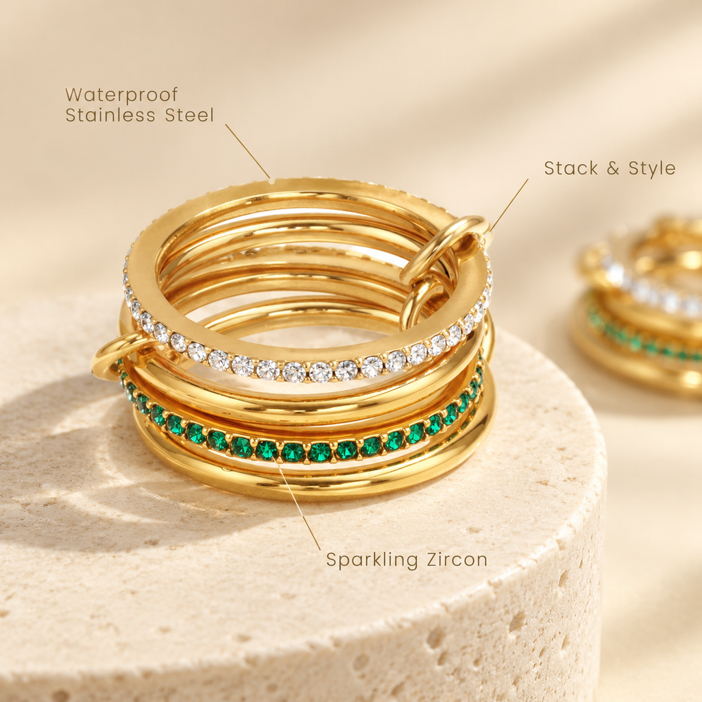 18K Gold Plated Interlocking Multi Band Ring, Lock & Key Charm Ring, Pave CZ Stainless Steel Statement Ring for Women, 3 Styles Available
