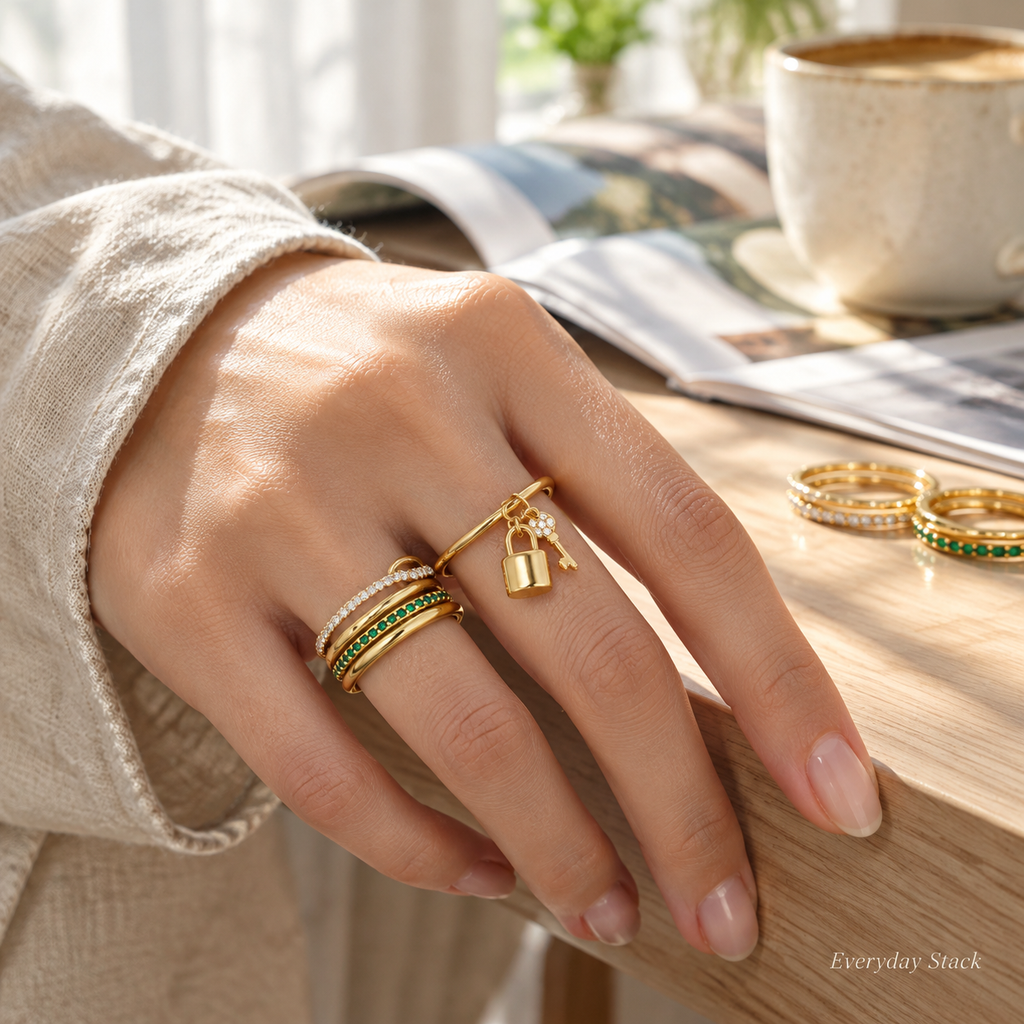 18K Gold Plated Interlocking Multi Band Ring, Lock & Key Charm Ring, Pave CZ Stainless Steel Statement Ring for Women, 3 Styles Available