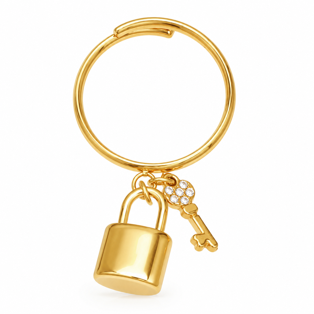 18K Gold Plated Interlocking Multi Band Ring, Lock & Key Charm Ring, Pave CZ Stainless Steel Statement Ring for Women, 3 Styles Available