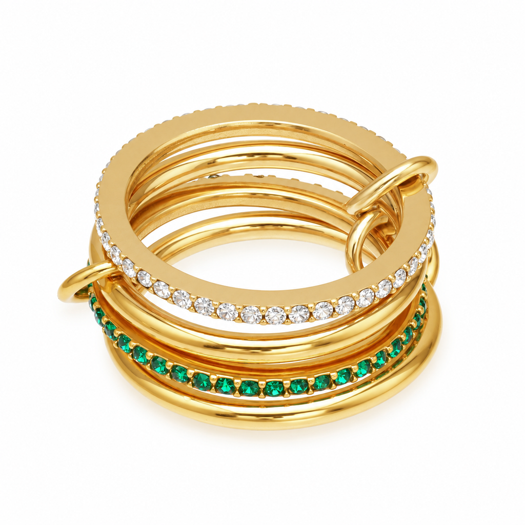 18K Gold Plated Interlocking Multi Band Ring, Lock & Key Charm Ring, Pave CZ Stainless Steel Statement Ring for Women, 3 Styles Available