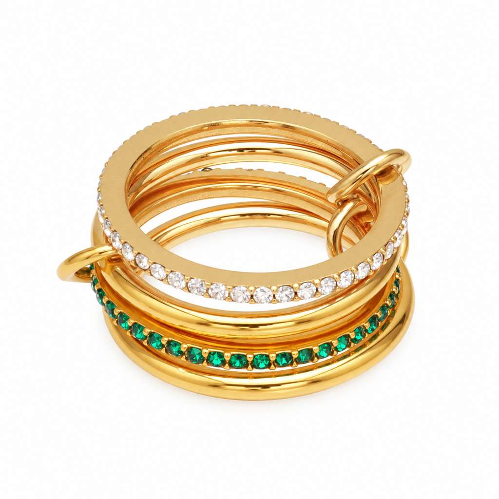 18K Gold Plated Interlocking Multi Band Ring, Lock & Key Charm Ring, Pave CZ Stainless Steel Statement Ring for Women, 3 Styles Available