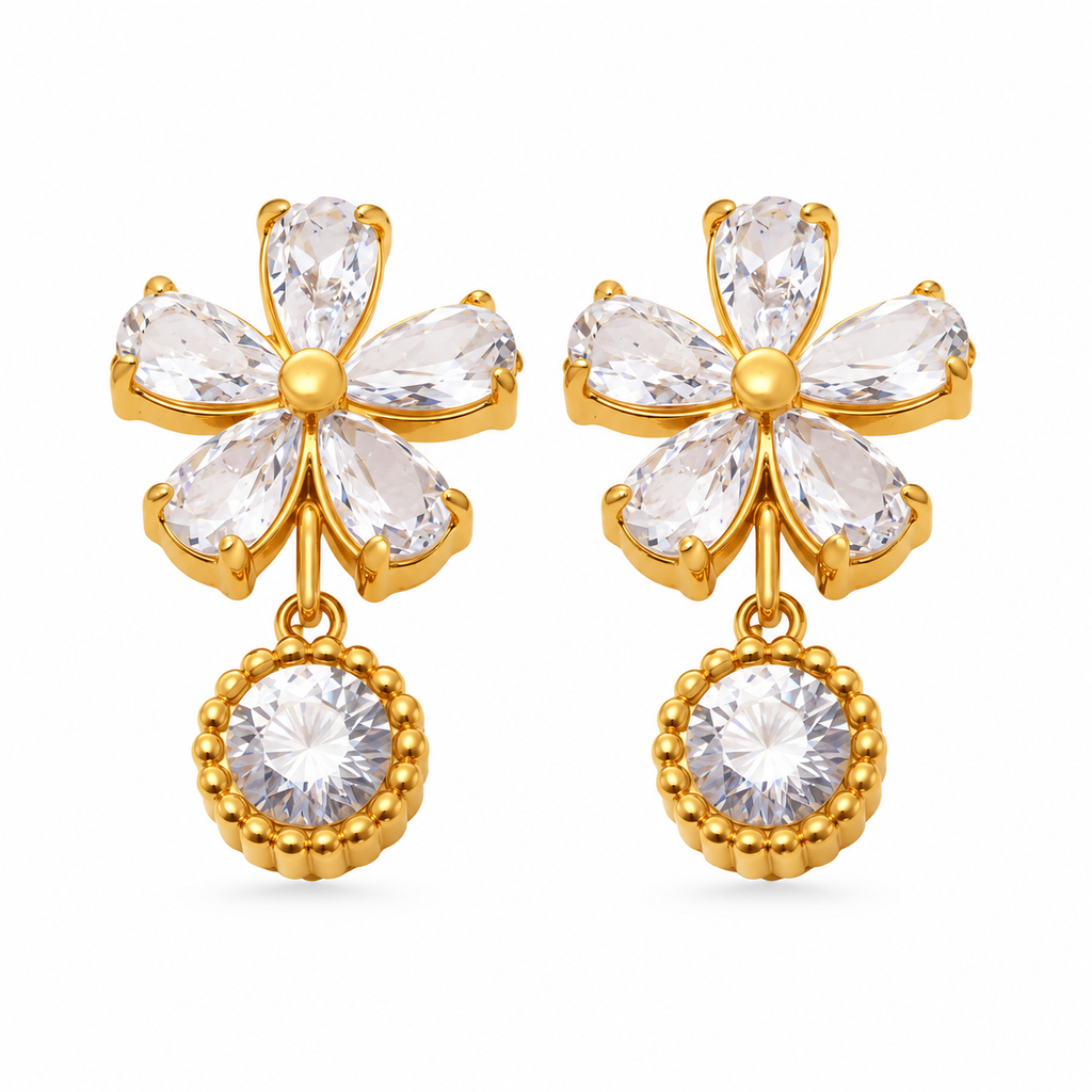 Gold Zircon Flower Drop Earrings, Sparkly Five-Petal Flower Dangle Earrings, Stainless Steel Statement Earrings for Women
