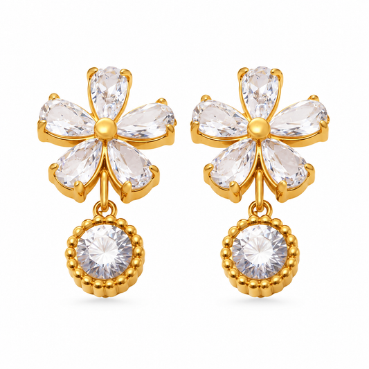 Gold Zircon Flower Drop Earrings, Sparkly Five-Petal Flower Dangle Earrings, Stainless Steel Statement Earrings for Women