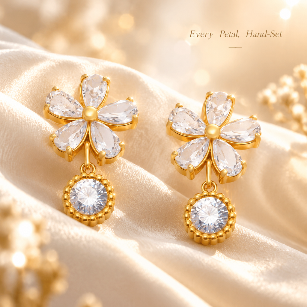 Gold Zircon Flower Drop Earrings, Sparkly Five-Petal Flower Dangle Earrings, Stainless Steel Statement Earrings for Women