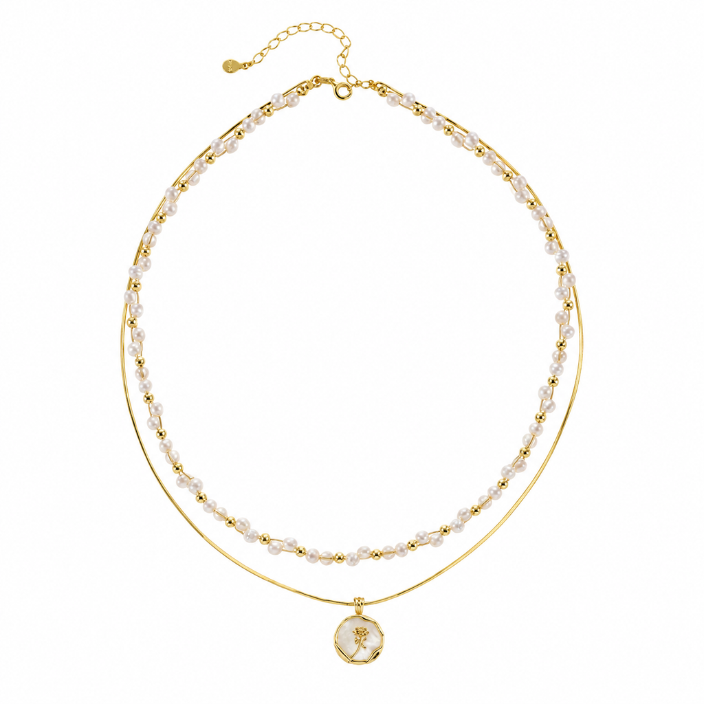 Double Layer Pearl Necklace, Gold Dainty Beaded Pearl Choker with Flower Shell Pendant, Stainless Steel Layered Necklace for Women