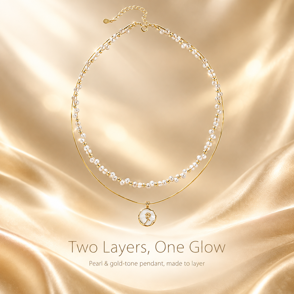 Double Layer Pearl Necklace, Gold Dainty Beaded Pearl Choker with Flower Shell Pendant, Stainless Steel Layered Necklace for Women