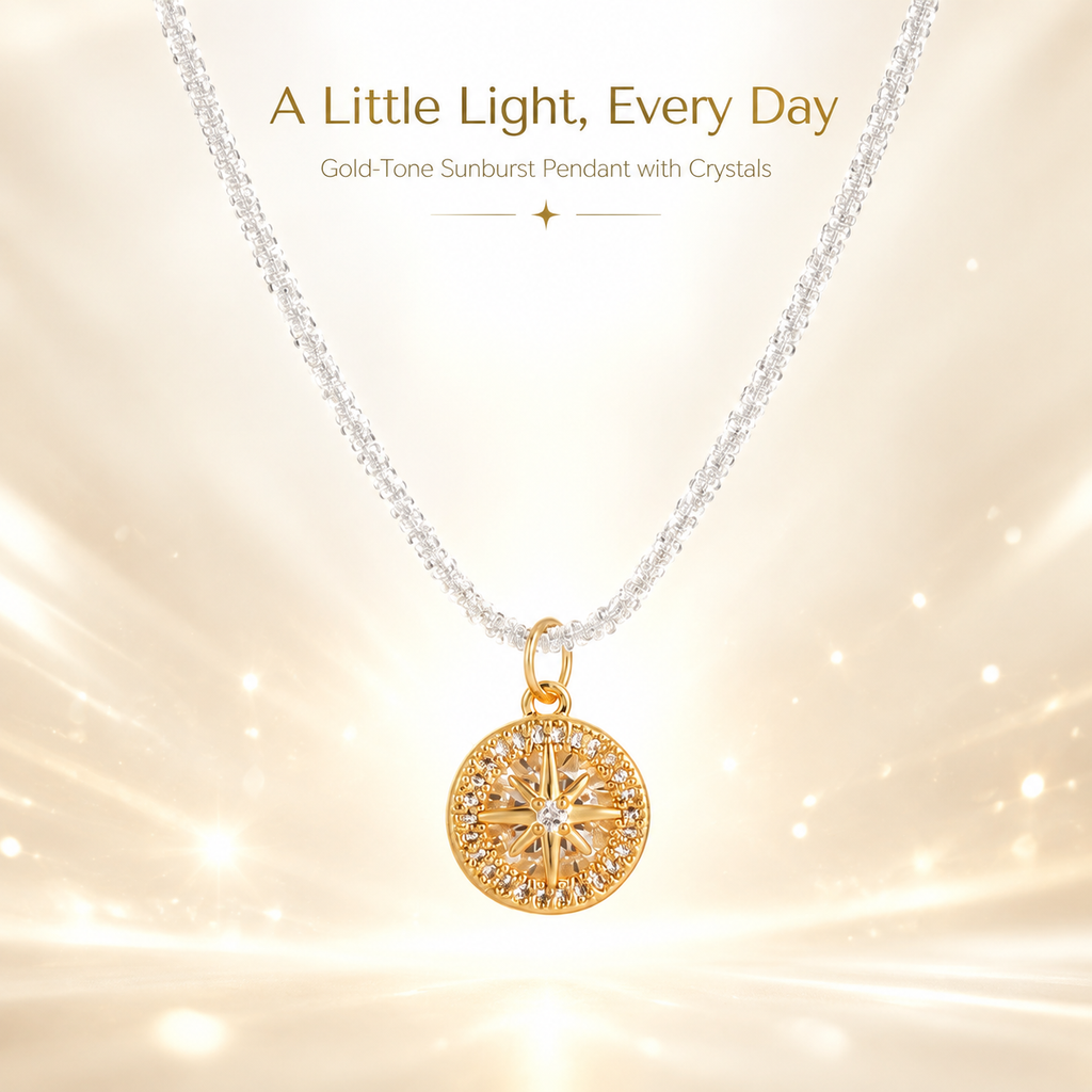 Sparkle Sunburst Crystal Pendant Necklace, Gold North Star Medallion Necklace, Shimmer Beaded Chain Stainless Steel Necklace for Women