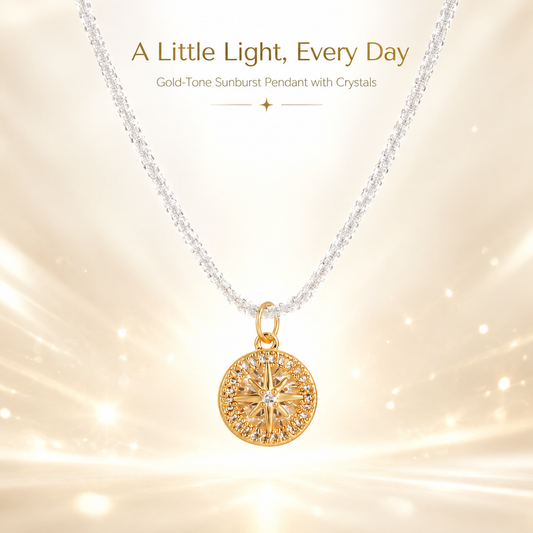 Sparkle Sunburst Crystal Pendant Necklace, Gold North Star Medallion Necklace, Shimmer Beaded Chain Stainless Steel Necklace for Women