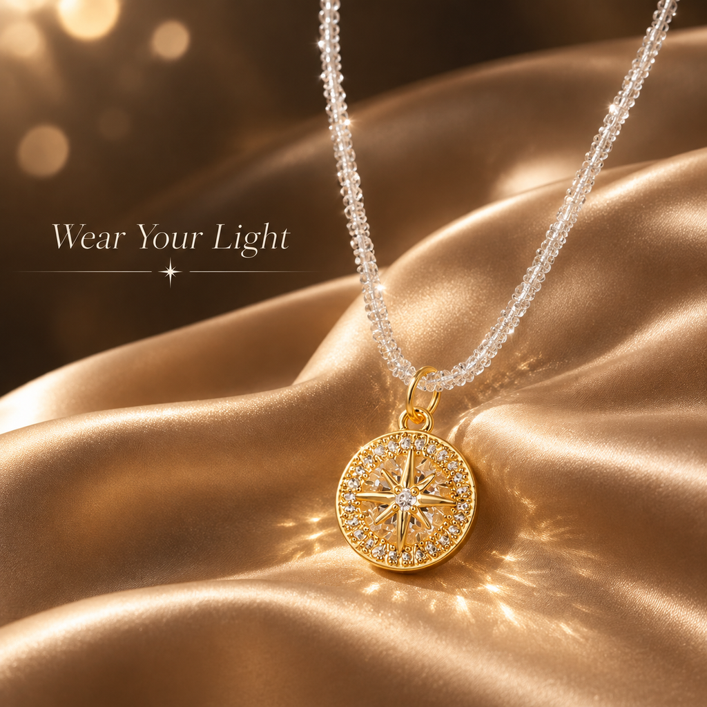 Sparkle Sunburst Crystal Pendant Necklace, Gold North Star Medallion Necklace, Shimmer Beaded Chain Stainless Steel Necklace for Women