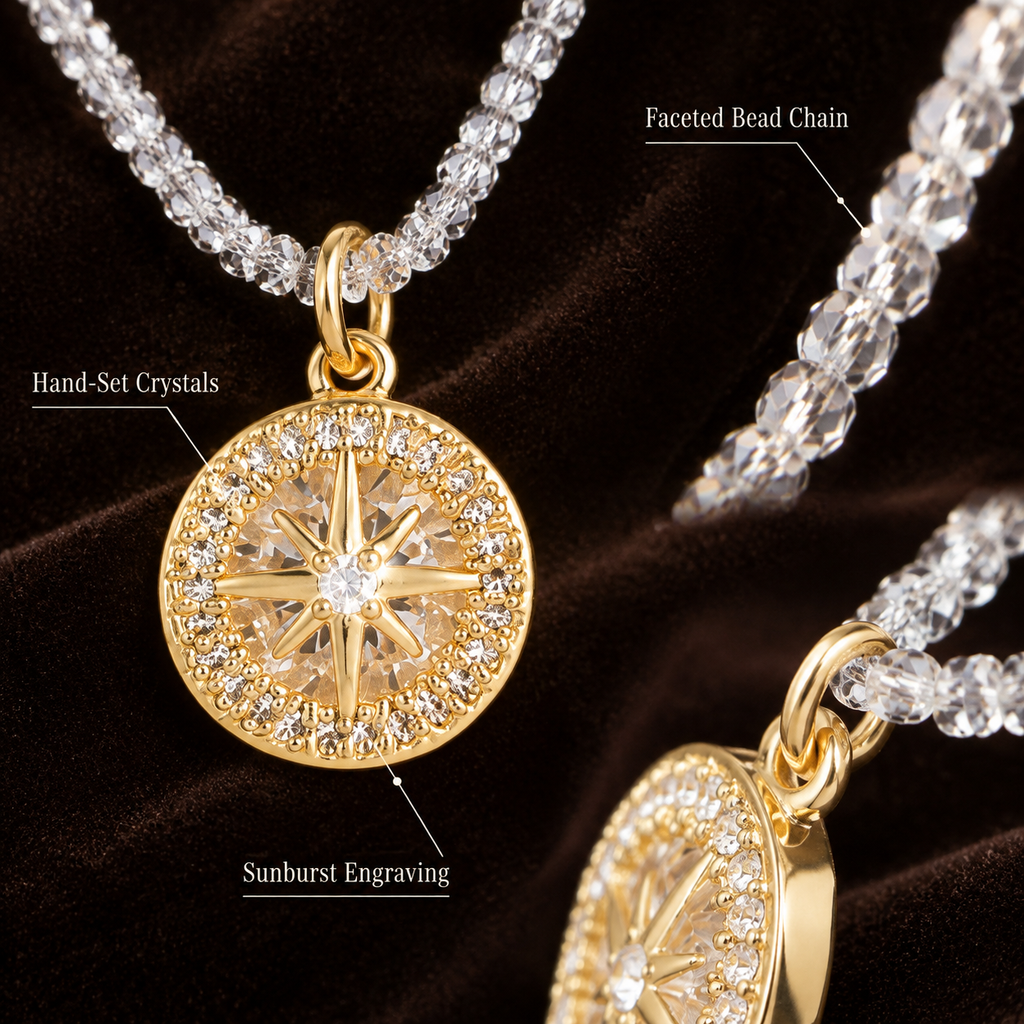 Sparkle Sunburst Crystal Pendant Necklace, Gold North Star Medallion Necklace, Shimmer Beaded Chain Stainless Steel Necklace for Women
