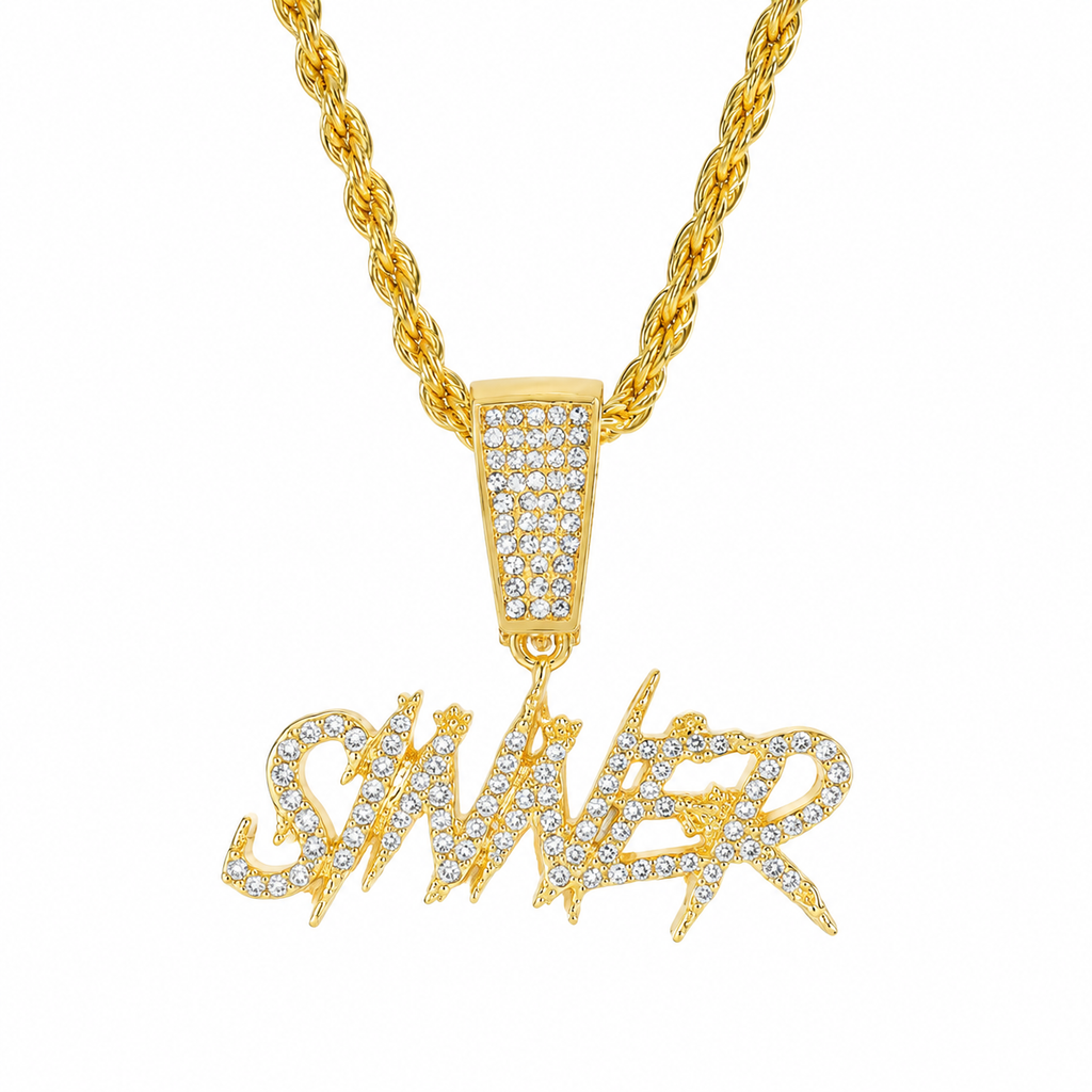 Gold Iced Out SINNER Letter Pendant Necklace, Micro Pave CZ Hip Hop Necklace with Rope Chain, Bling Statement Jewelry for Men & Women