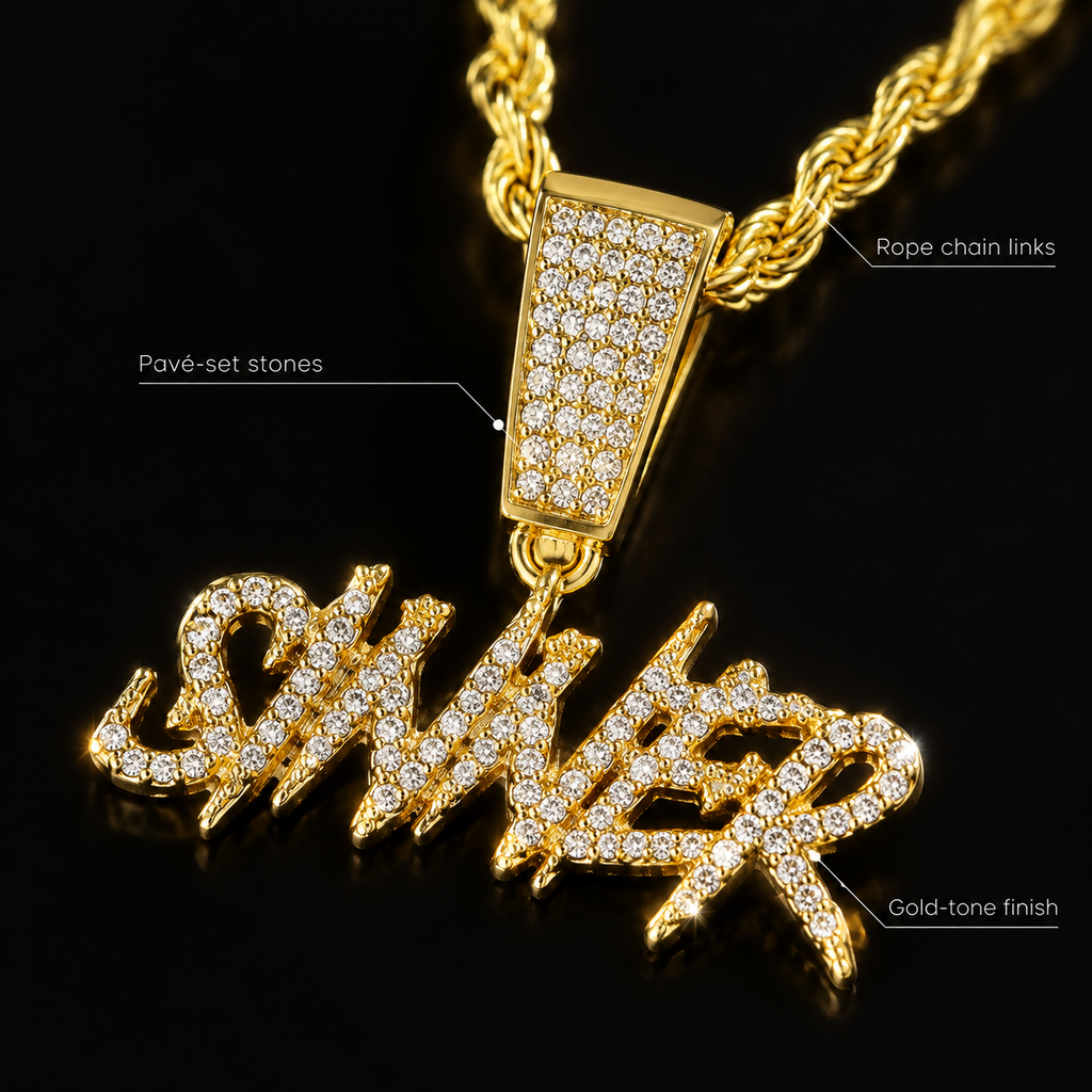 Gold Iced Out SINNER Letter Pendant Necklace, Micro Pave CZ Hip Hop Necklace with Rope Chain, Bling Statement Jewelry for Men & Women