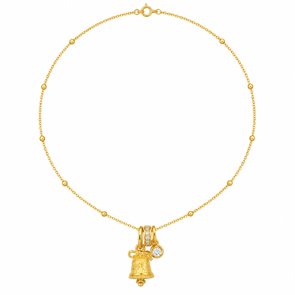 18K Gold Plated Bell Charm Necklace, Dainty Beaded Satellite Chain Necklace with Bow Bell & CZ Charms for Women, Lucky Statement Layering Jewelry