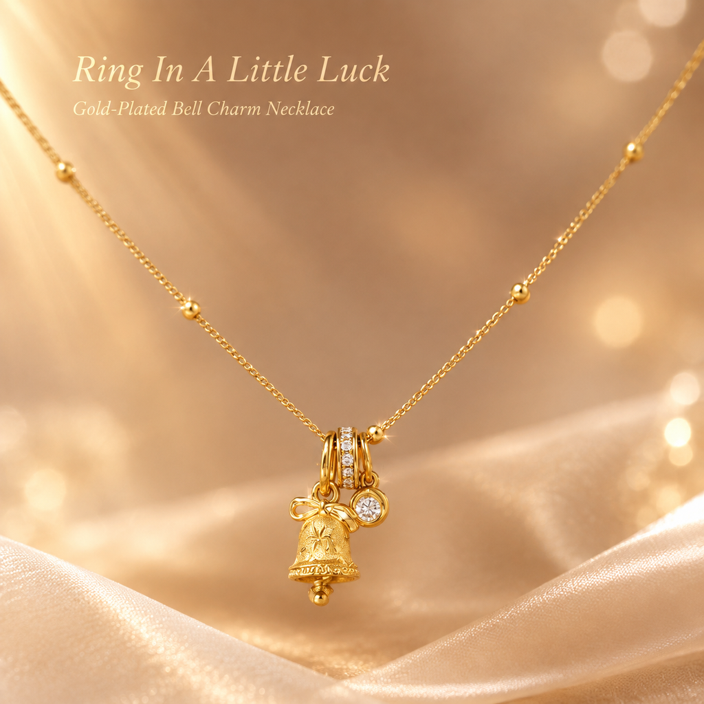 18K Gold Plated Bell Charm Necklace, Dainty Beaded Satellite Chain Necklace with Bow Bell & CZ Charms for Women, Lucky Statement Layering Jewelry