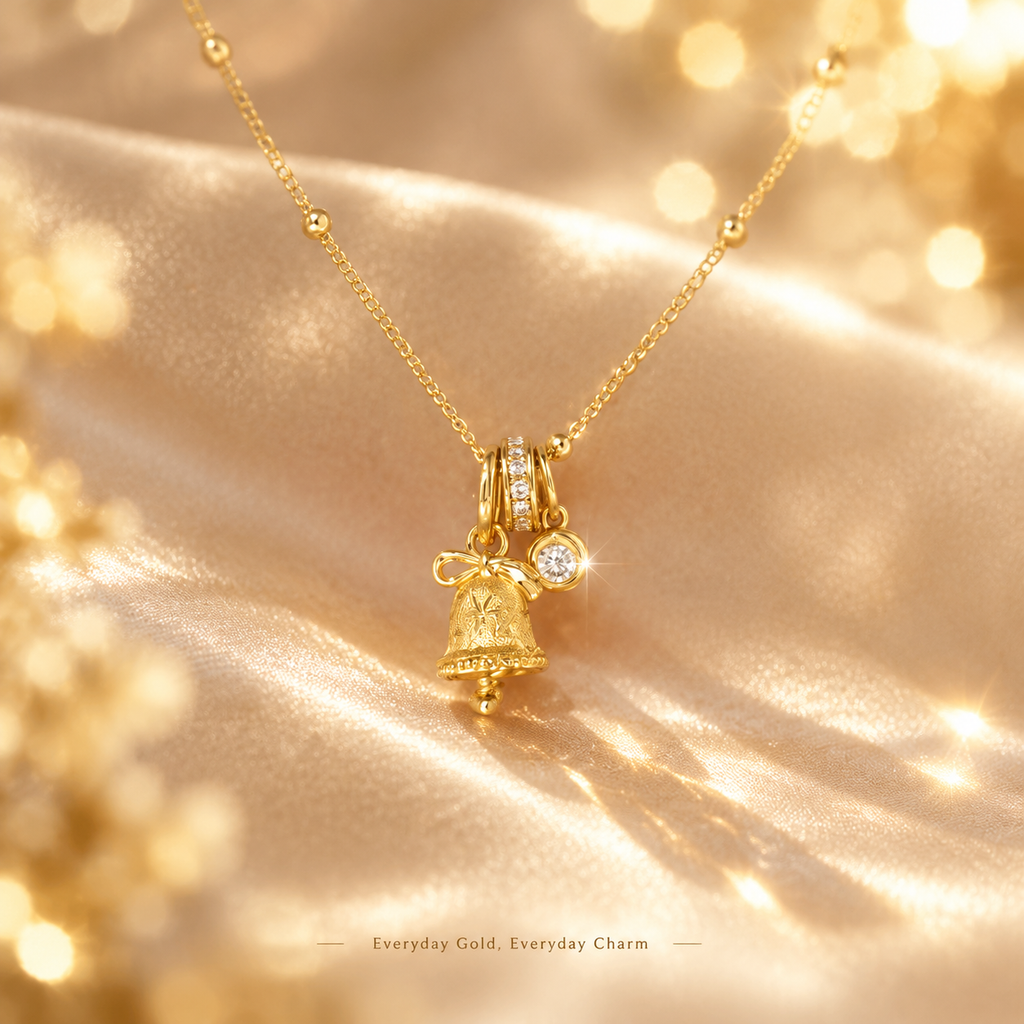 18K Gold Plated Bell Charm Necklace, Dainty Beaded Satellite Chain Necklace with Bow Bell & CZ Charms for Women, Lucky Statement Layering Jewelry