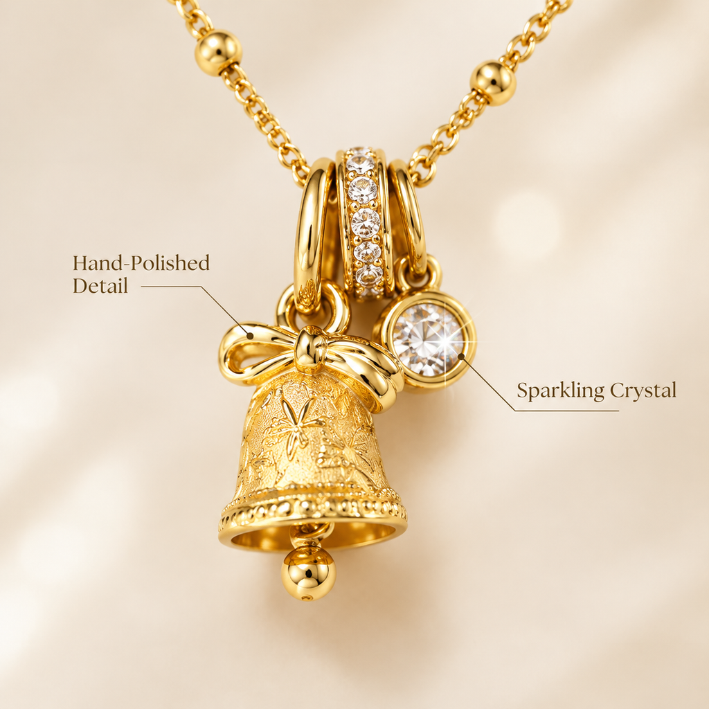 18K Gold Plated Bell Charm Necklace, Dainty Beaded Satellite Chain Necklace with Bow Bell & CZ Charms for Women, Lucky Statement Layering Jewelry