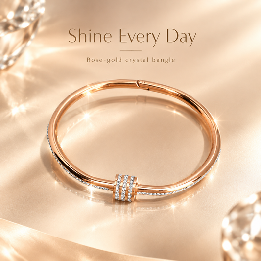 Rose Gold Crystal Bangle Bracelet for Women, Dainty CZ Pave Inlaid Open Bangle, Stackable Sparkly Stainless Steel Bracelet