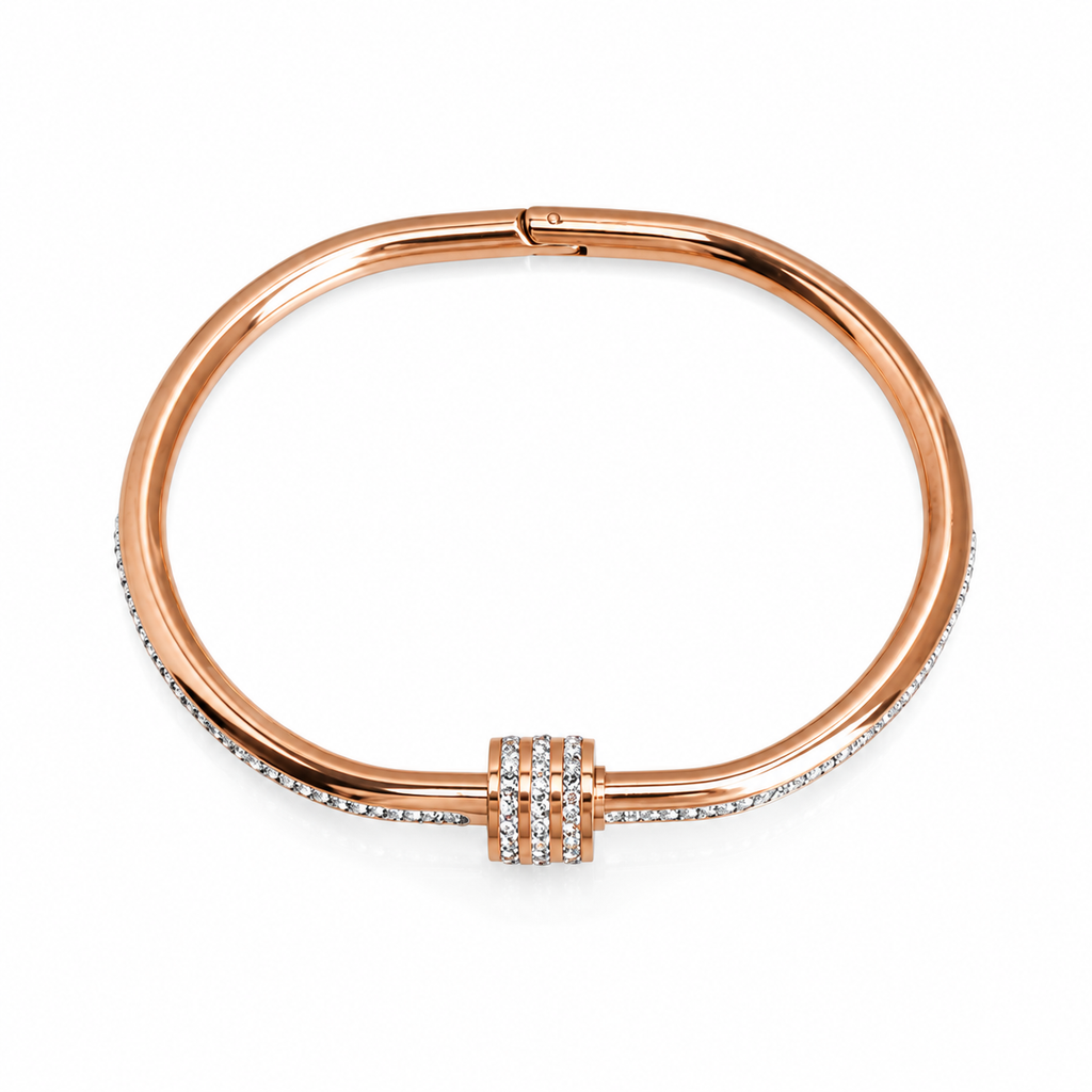 Rose Gold Crystal Bangle Bracelet for Women, Dainty CZ Pave Inlaid Open Bangle, Stackable Sparkly Stainless Steel Bracelet