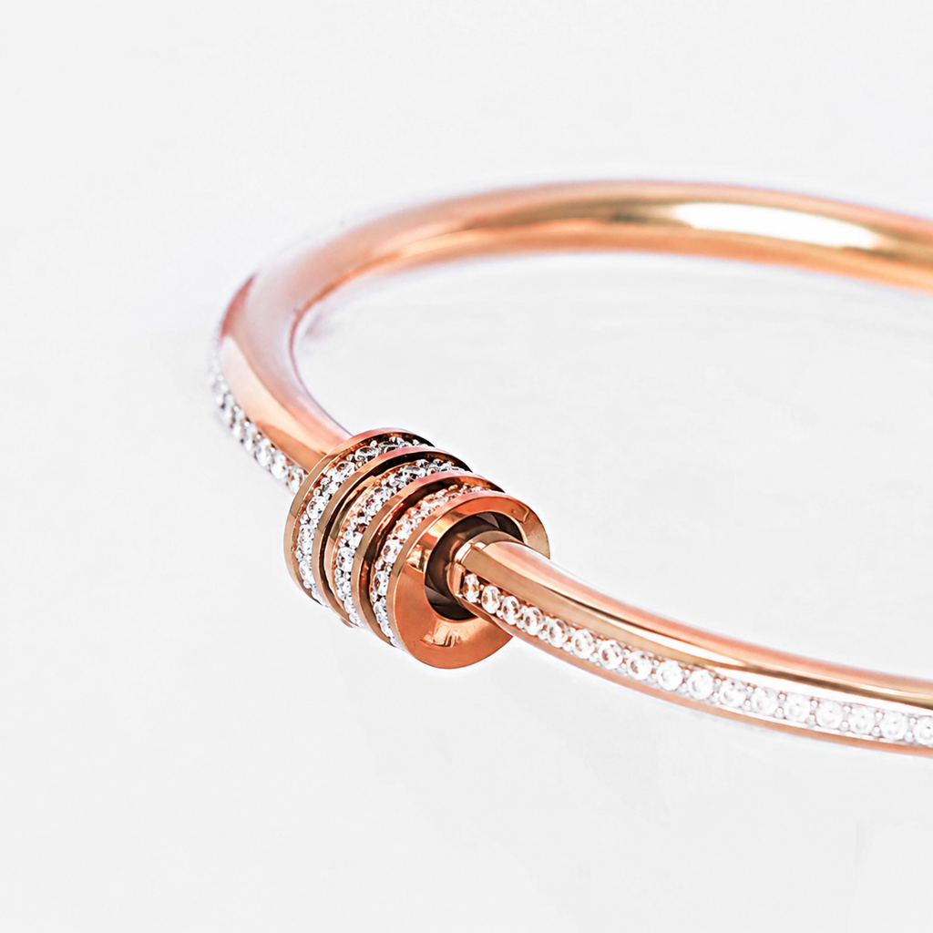 Rose Gold Crystal Bangle Bracelet for Women, Dainty CZ Pave Inlaid Open Bangle, Stackable Sparkly Stainless Steel Bracelet