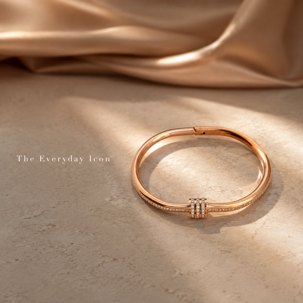 Rose Gold Crystal Bangle Bracelet for Women, Dainty CZ Pave Inlaid Open Bangle, Stackable Sparkly Stainless Steel Bracelet