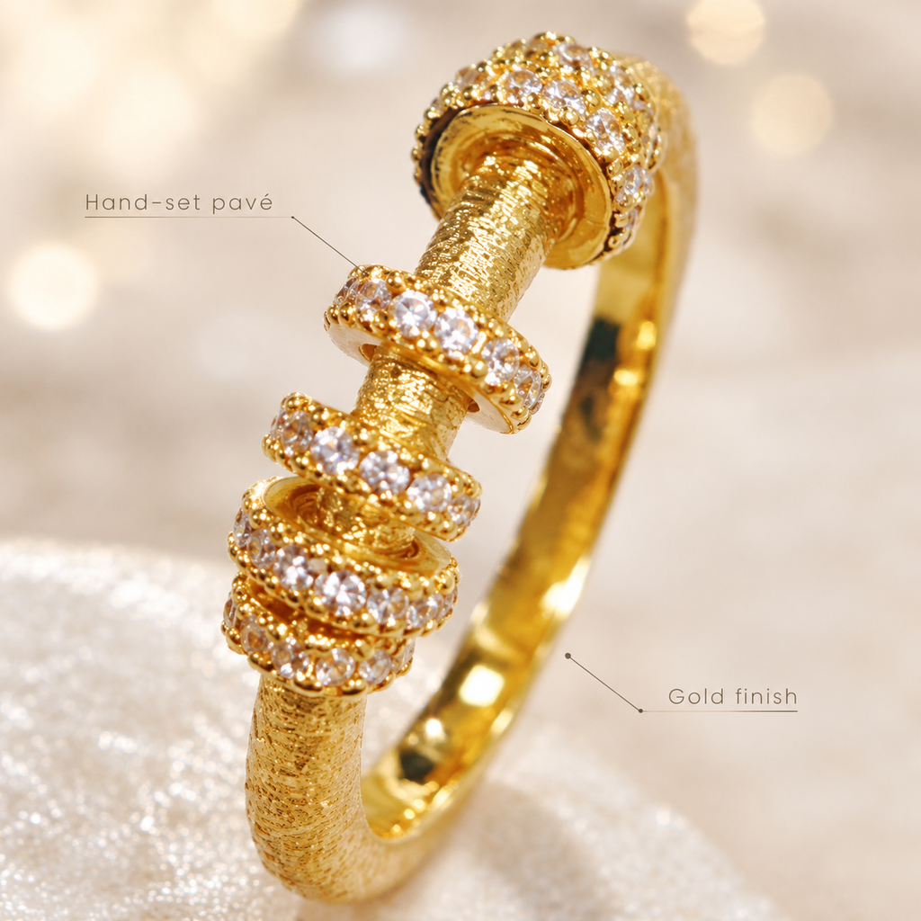 18K Gold Plated Screw Design Ring, Hand-set Pave CZ Crystal Spinning Ring, Textured Band Stackable Statement Ring for Women