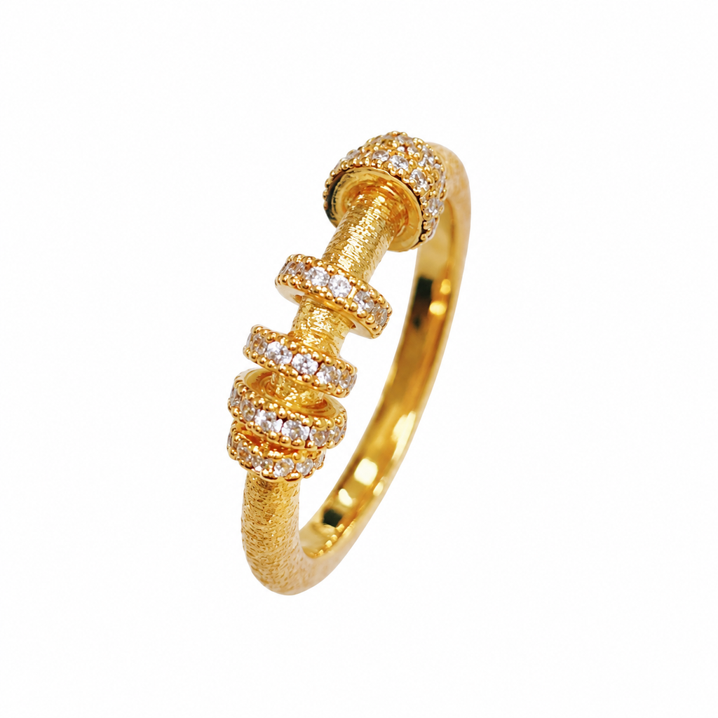 18K Gold Plated Screw Design Ring, Hand-set Pave CZ Crystal Spinning Ring, Textured Band Stackable Statement Ring for Women