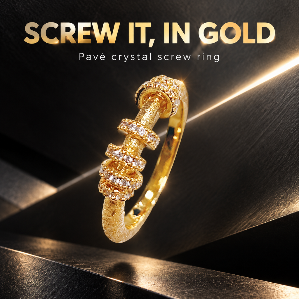 18K Gold Plated Screw Design Ring, Hand-set Pave CZ Crystal Spinning Ring, Textured Band Stackable Statement Ring for Women