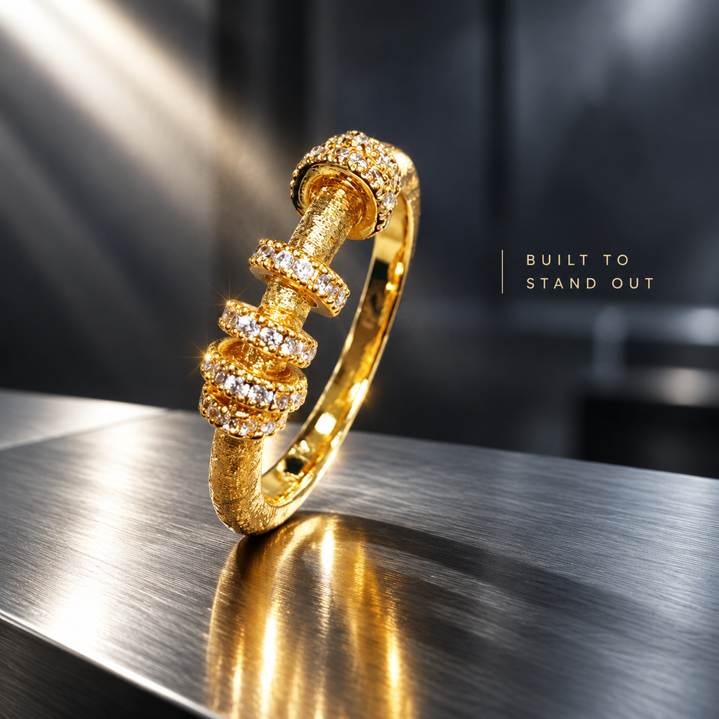 18K Gold Plated Screw Design Ring, Hand-set Pave CZ Crystal Spinning Ring, Textured Band Stackable Statement Ring for Women