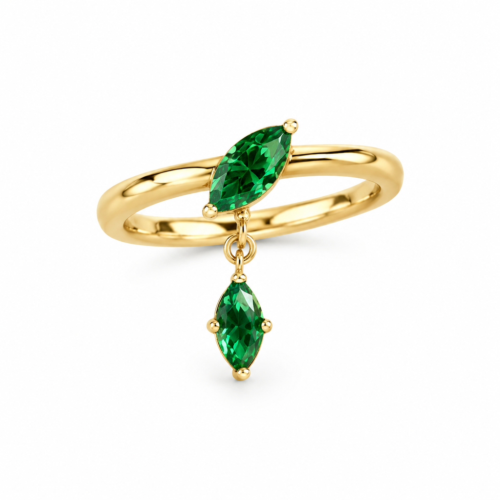 Dainty Marquise CZ Dangling Ring, 18K Gold Plated Drop Charm Ring, Emerald Clear Zircon Stackable Ring, Minimalist Statement Jewelry for Women