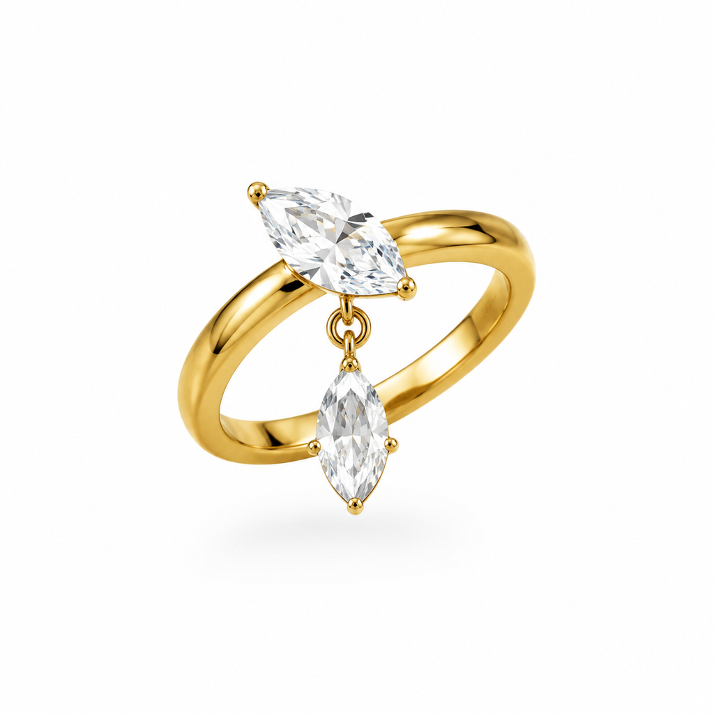 Dainty Marquise CZ Dangling Ring, 18K Gold Plated Drop Charm Ring, Emerald Clear Zircon Stackable Ring, Minimalist Statement Jewelry for Women