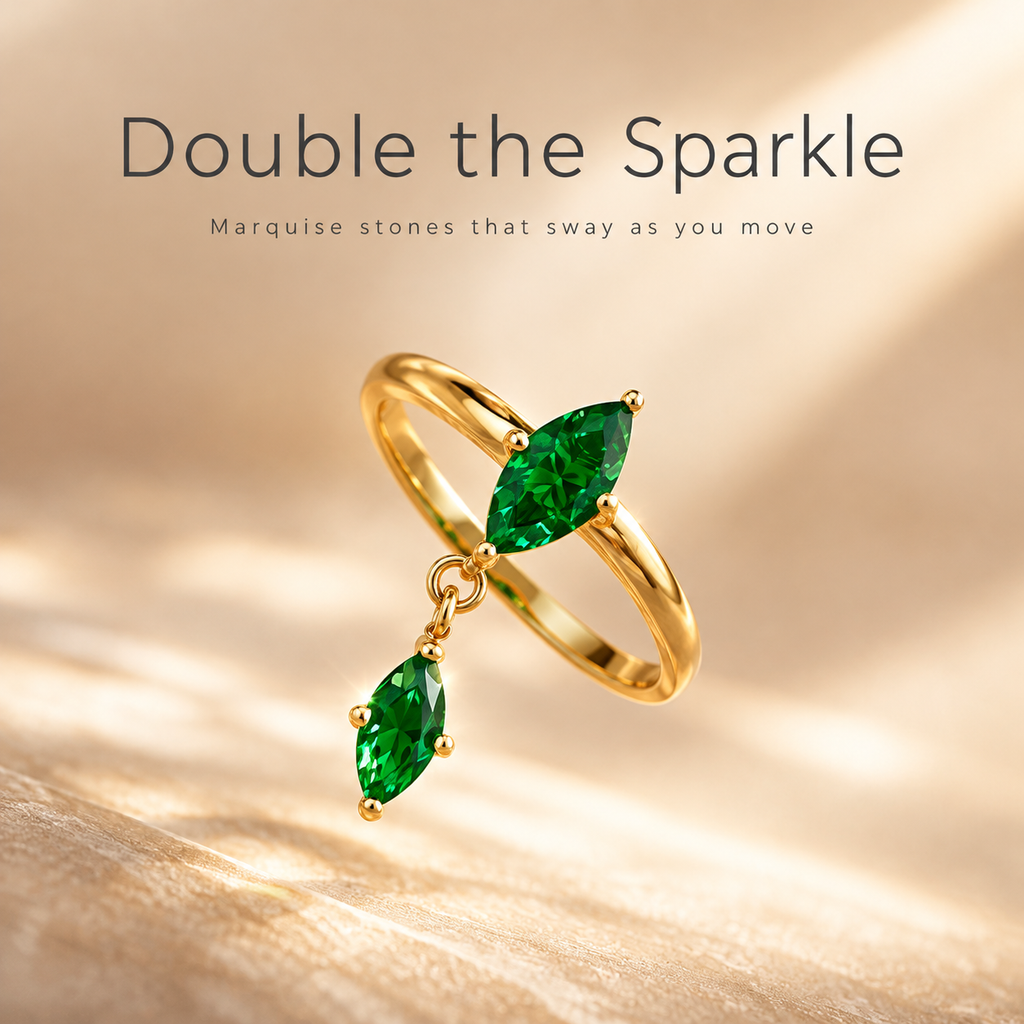 Dainty Marquise CZ Dangling Ring, 18K Gold Plated Drop Charm Ring, Emerald Clear Zircon Stackable Ring, Minimalist Statement Jewelry for Women
