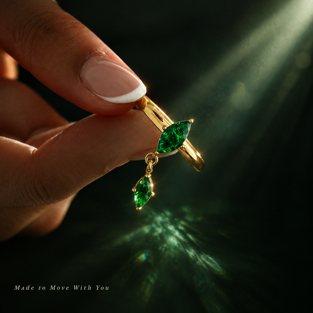 Dainty Marquise CZ Dangling Ring, 18K Gold Plated Drop Charm Ring, Emerald Clear Zircon Stackable Ring, Minimalist Statement Jewelry for Women